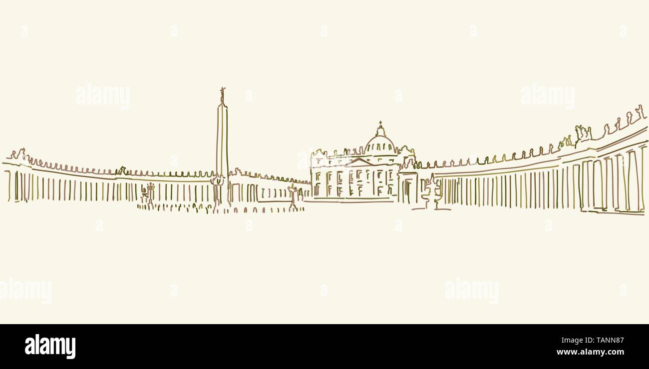 Vatican St Peter Square drawing, brown colored version for Apps, Print or web backgrounds Stock Vector