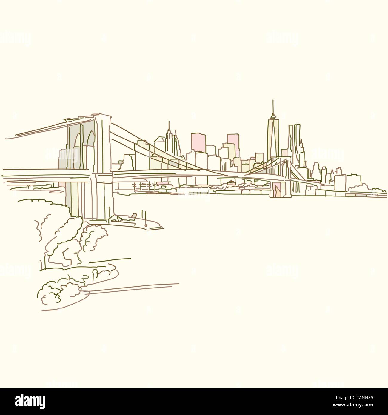 New York Brooklyn Bridge drawing, brown colored version for Apps, Print or web backgrounds Stock Vector