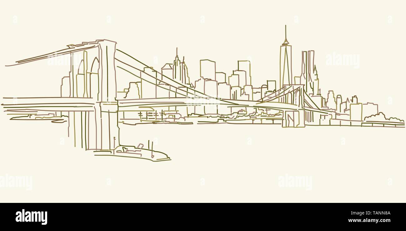 New York Brooklyn Panorama drawing, brown colored version for Apps, Print or web backgrounds Stock Vector