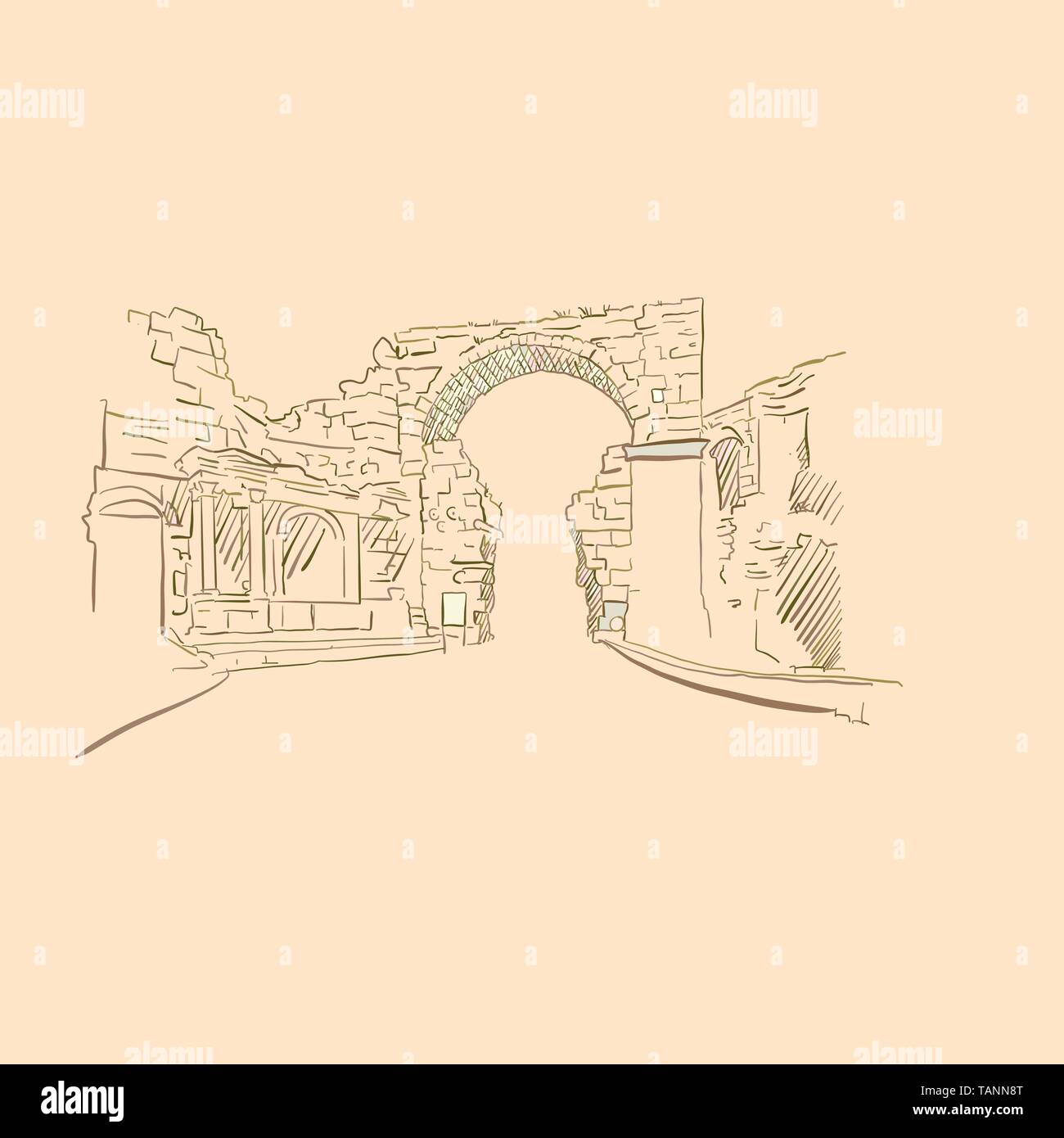 Ancient Gate, drawing, brown colored version for Apps, Print or web backgrounds Stock Vector