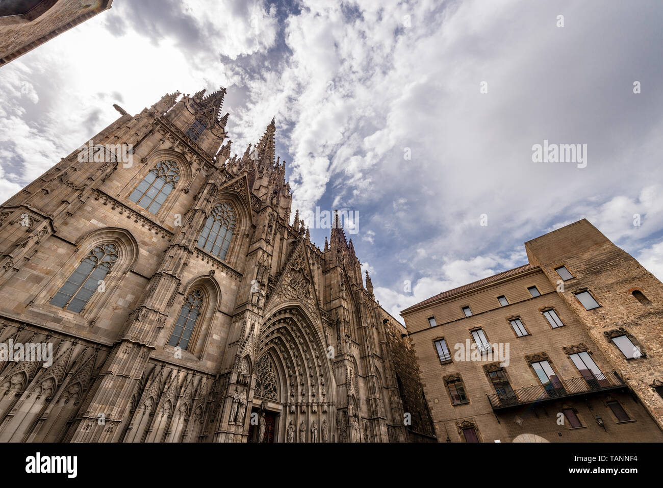 Facade of Barcelona Cathedral in gothic style, the Holy Cross and Saint Eulalia (Catedral de la Santa Cruz y Santa Eulalia). Catalonia, Spain, Europe Stock Photo