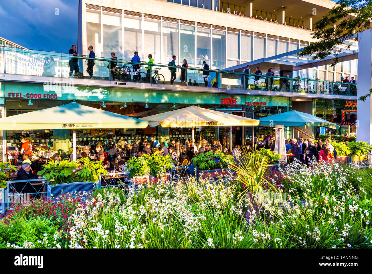 People dining al fresco at restaurants beneath Royal Festival Hall at the  Southbank Centre, London, UK Stock Photo