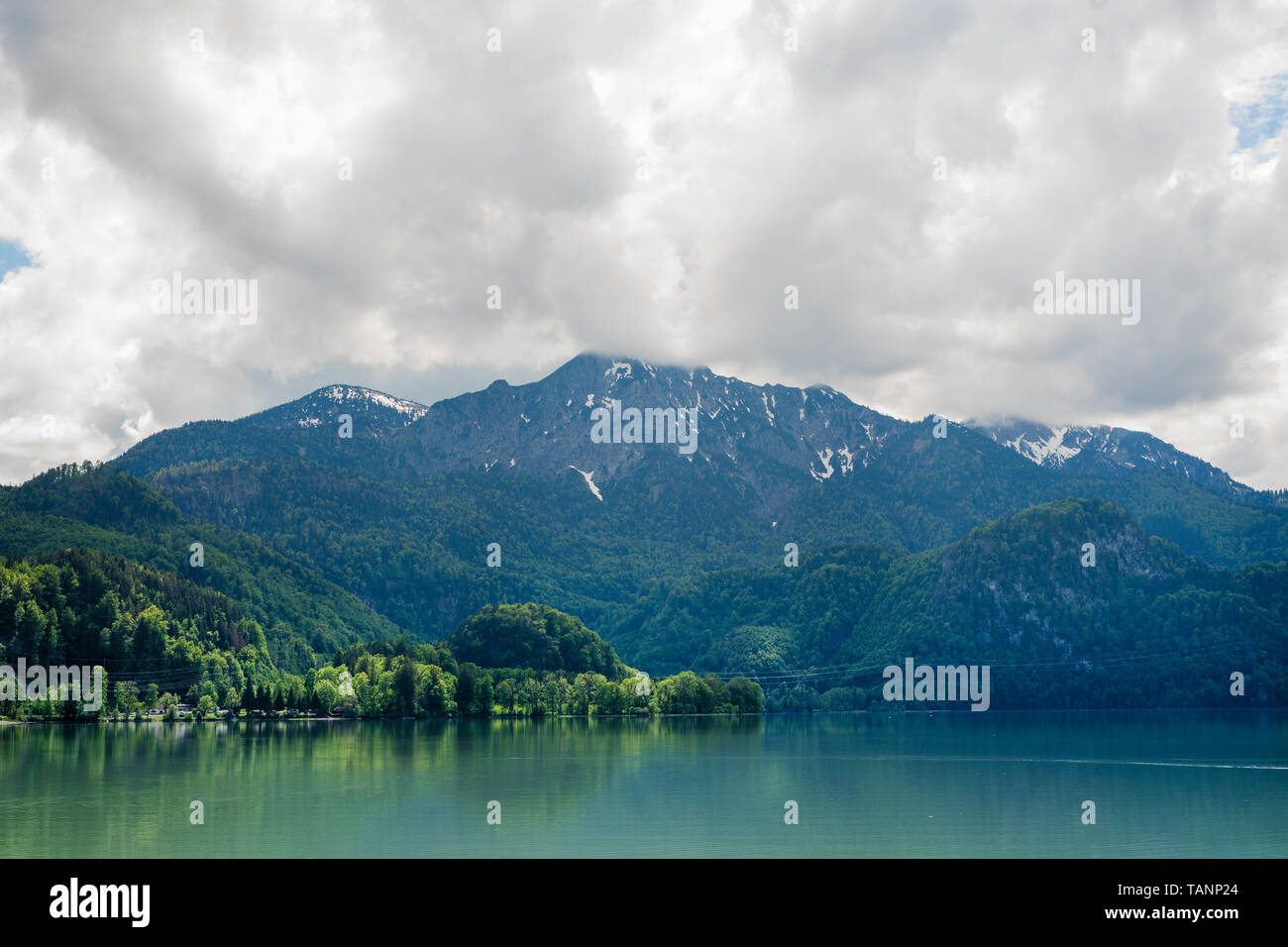 beautiful view on mountain and reflecting water in bavaria Stock Photo