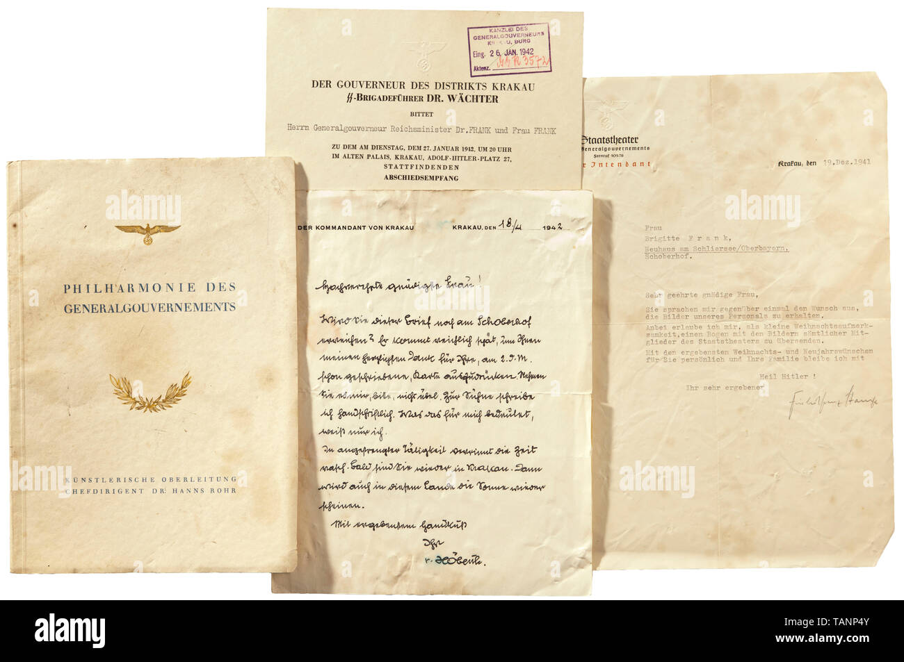 Governor General and Reich Minister Dr. Hans Frank - documents from his estate, Approximately 30 invitations, menus, documents, vis 20th century, Editorial-Use-Only Stock Photo