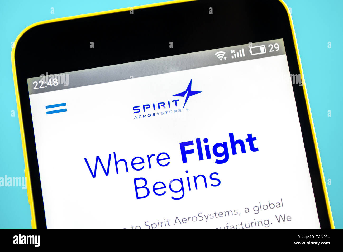Berdyansk, Ukraine - 24 May 2019: Spirit AeroSystems aerospace website homepage. Spirit AeroSystems logo visible on the phone screen Stock Photo
