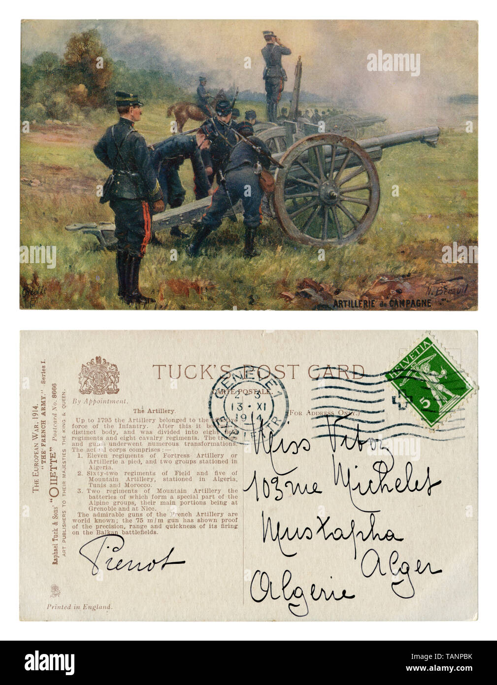 English historical postcard: artillery battery in position firing at the enemy. Artillery servants charge field 75 mm cannon.  world war one 1914-1918 Stock Photo