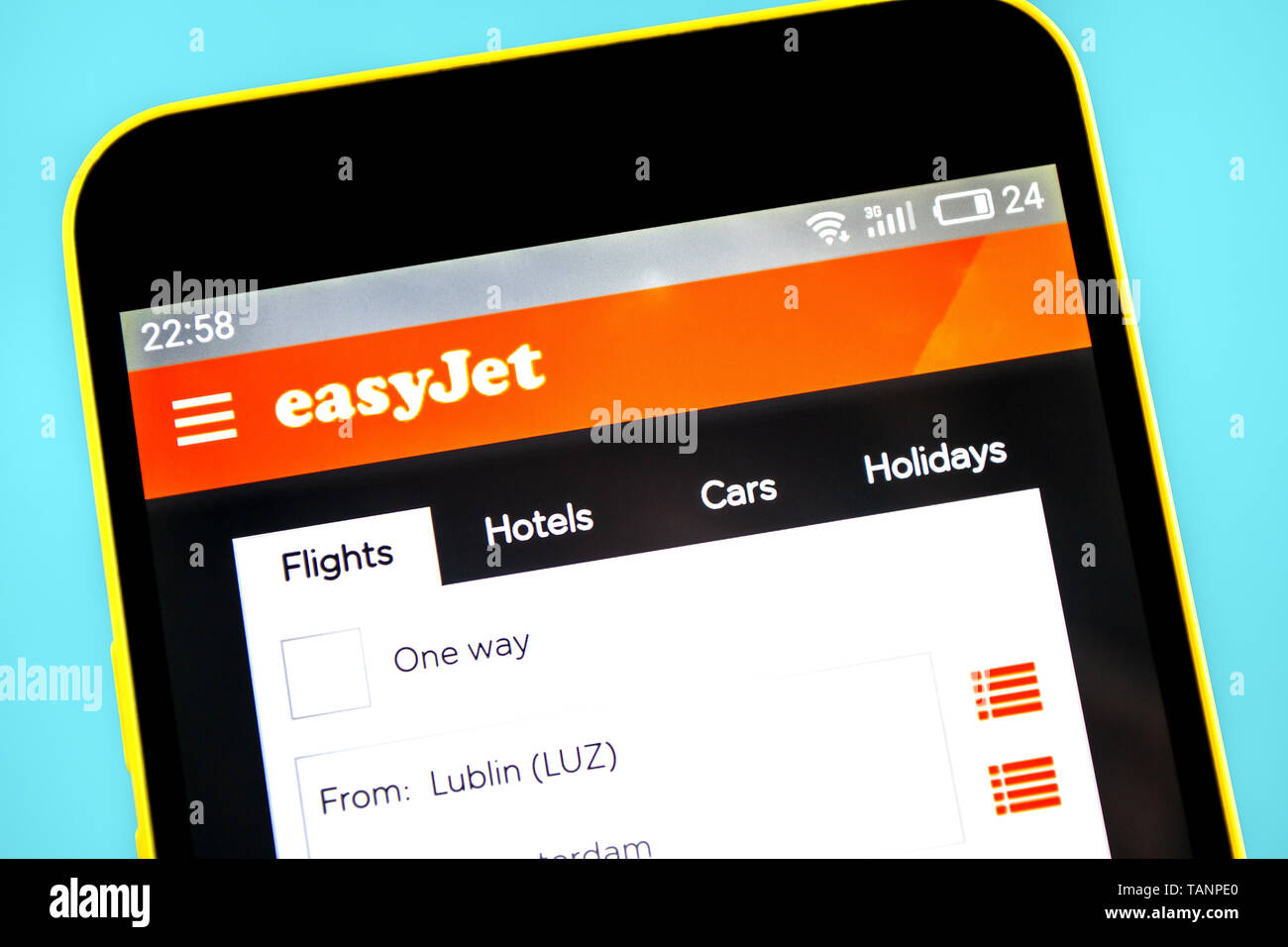 Berdyansk, Ukraine - 24 May 2019: EasyJet airline website homepage. EasyJet logo visible on the phone screen. Stock Photo