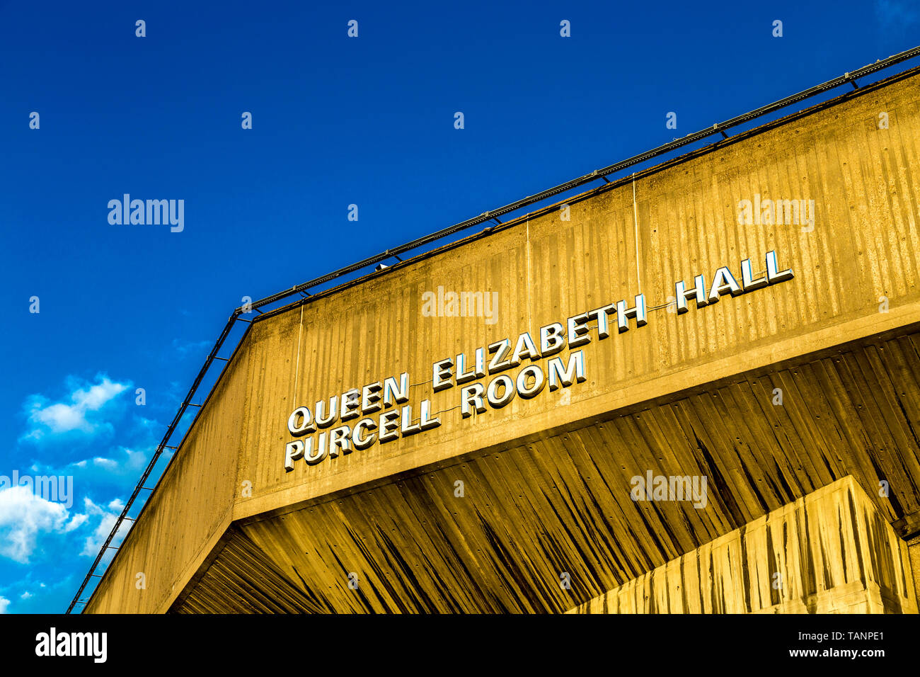 Sign on the facade of Queen Elizabeth Hall and Purcell Room, Southbank Centre, London, UK Stock Photo
