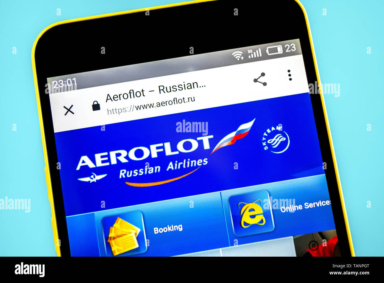 Berdyansk, Ukraine - 24 May 2019: Illustrative Editorial of Aeroflot website homepage. Aeroflot logo visible on the phone screen. Stock Photo