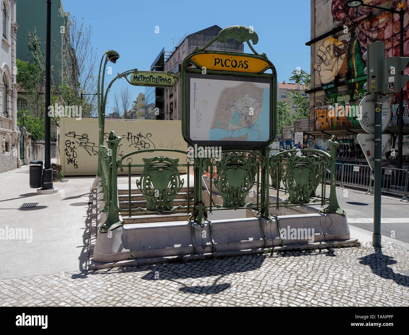 Lisbon, Portugal May 11, 2019 Iconic entrance to Picoas metro
