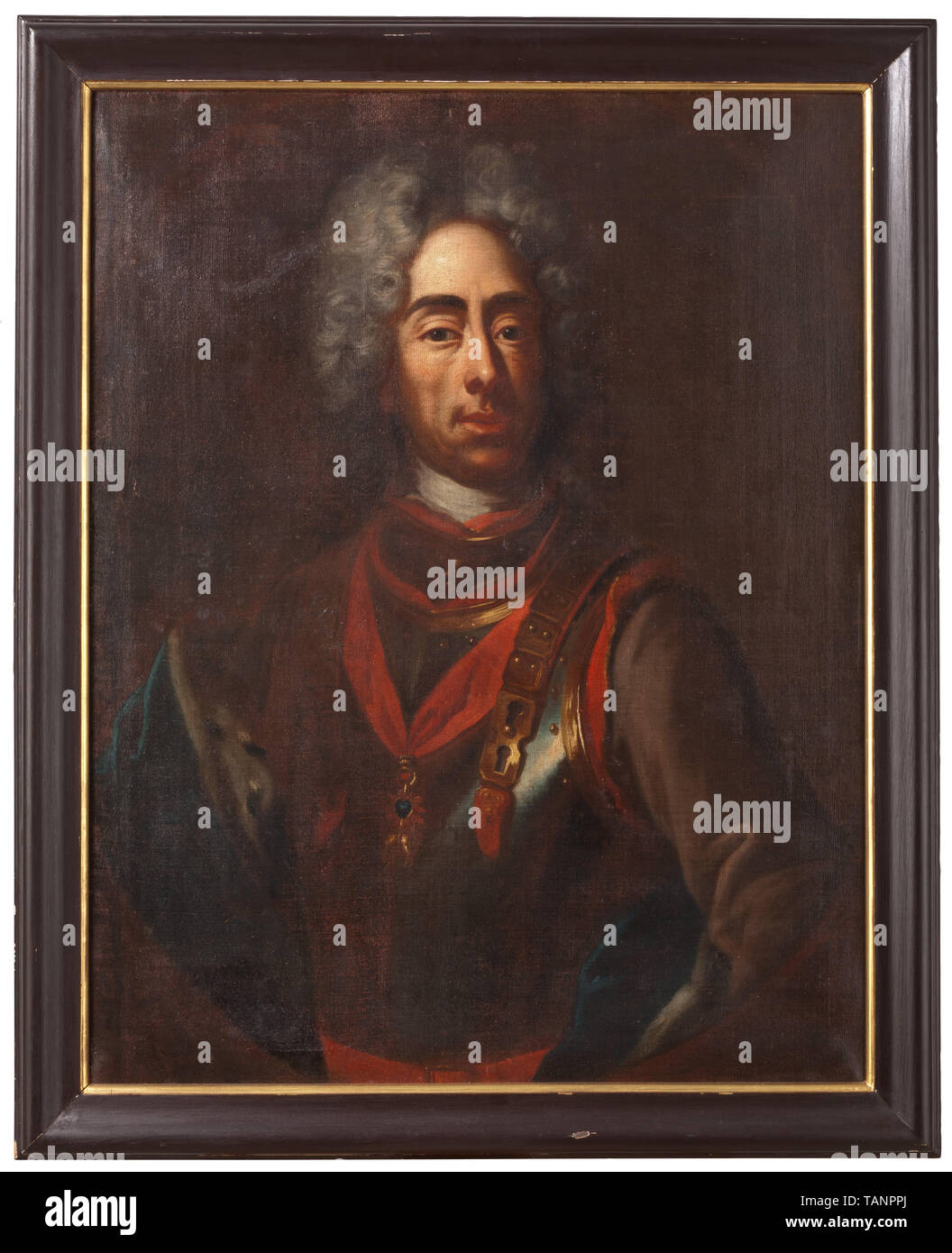 Prince Eugene of Savoy (1663 - 1736) - a large-size portrait painting, 18th century, Oil on canvas, unsigned. Half-length portrait in an oval cutout, the head in three-quarter profile. The Prince is wearing an allonge wig, necktie, cuirass, the Order of the Golden Fleece and an ermine coat on top. Doubled canvas, mounted on a new wooden frame. In a new, partially gilt profile frame (slightly damaged). Painting surface restored, traces of age. Dimensions of painting circa 92 x 73 cm, dimensions of frame circa 103 x 84 cm. This contemporary painting was , Artist's Copyright has not to be cleared Stock Photo