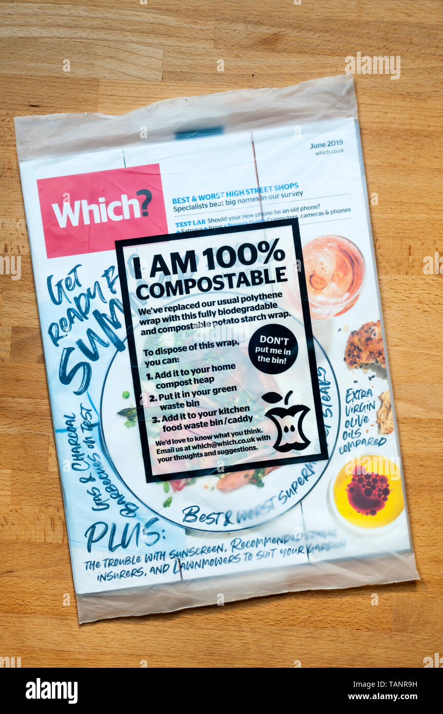 Compostable bag for Which? magazine.  Made from biodegradable and compostable potato starch. Stock Photo