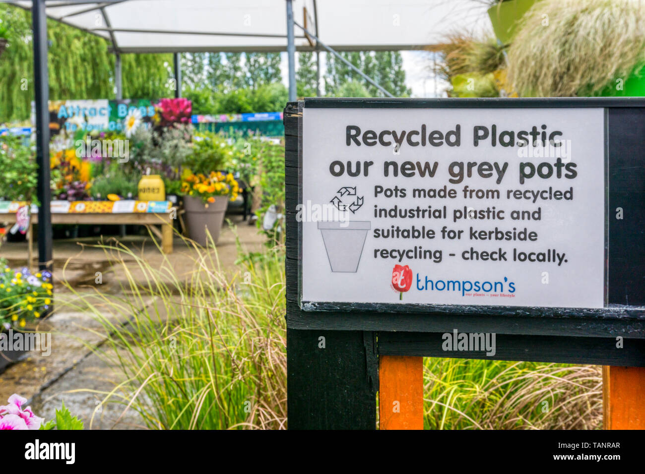 Sign At A Garden Centre Advertises Recyclable Grey Plastic Flower Pots Made From Recycled Industrial Plastic Which Can Be Recycled Themselves Stock Photo Alamy