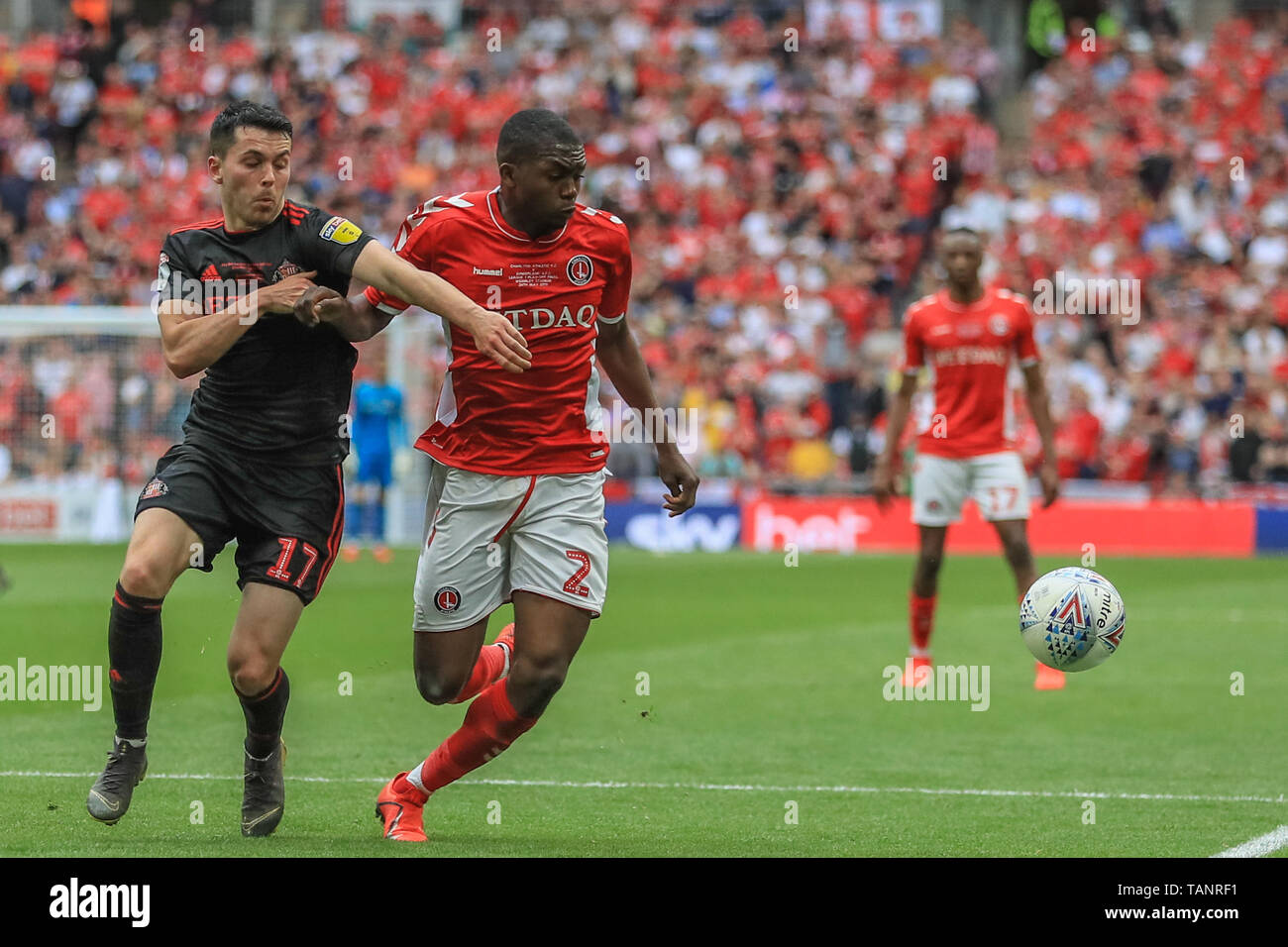 26th May 2019 , Wembley Stadium, London, England ; Sky Bet League 1 Playoff Final , Charlton Athletic vs Sunderland ; Anfernee Dijksteel (02) of Charlton holds off Lewis Morgan (17) of Sunderland    Credit: Mark Cosgrove/News Images    English Football League images are subject to DataCo Licence Stock Photo