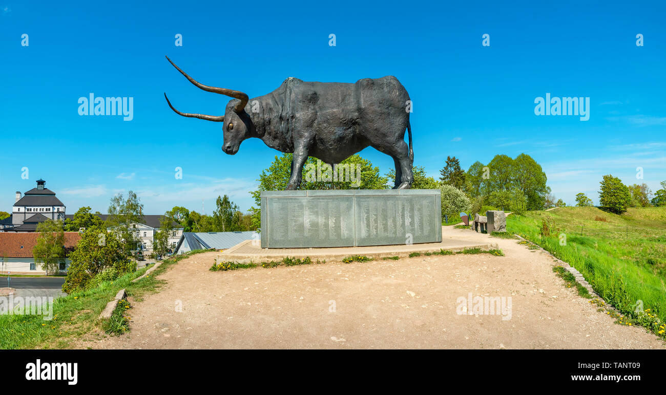 Panoramic view to Tarvas statue of arochs bull by Tauno Kangro. Symbol of the town Rakvere. Estonia Stock Photo