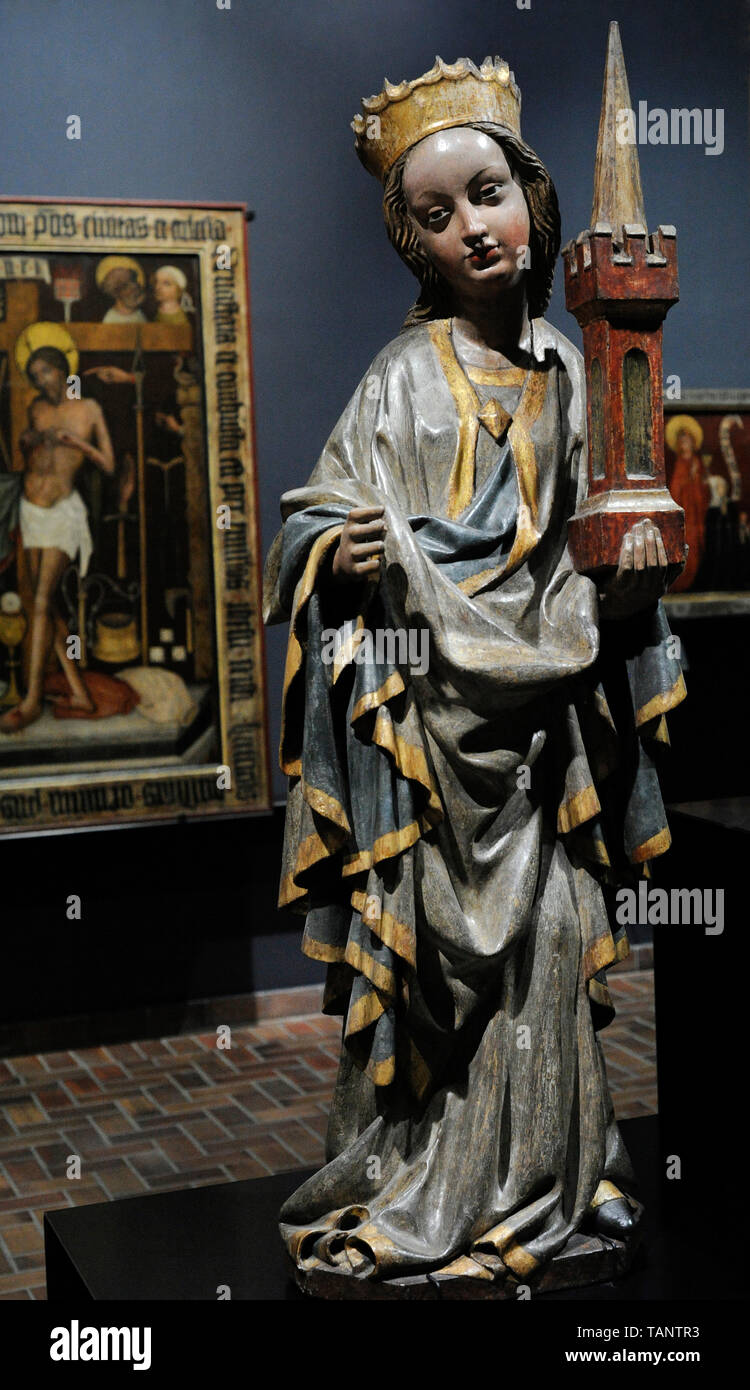 Statue of Saint Barbara. 1410-1420. Painted and gilded limewood. From Saint Elizabeth Church, Wroclaw (Breslau). National Museum. Warsaw. Poland. Stock Photo