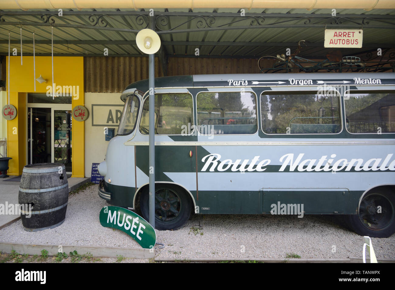 Old Bus and Entrance to Motor Museum or Automobile Museum of Provence Orgon France Stock Photo