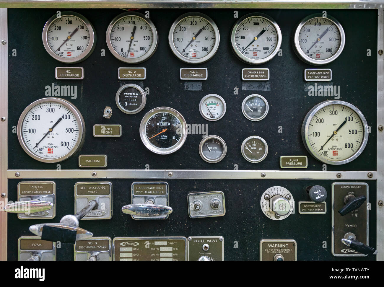 Old dashboard or control panel on a vintage fire engine with gauges and