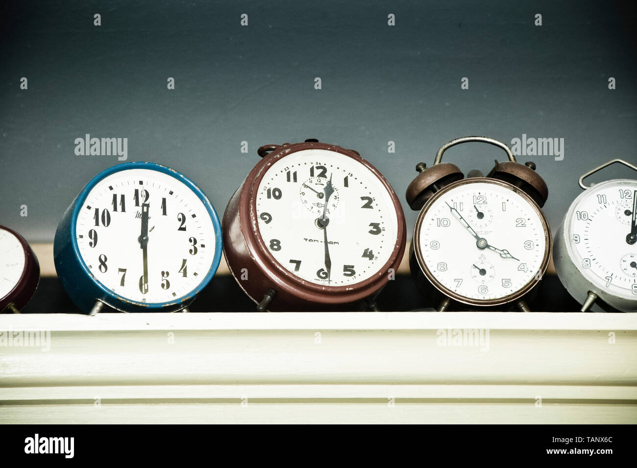 Vintage old alarm clocks Stock Photo Alamy