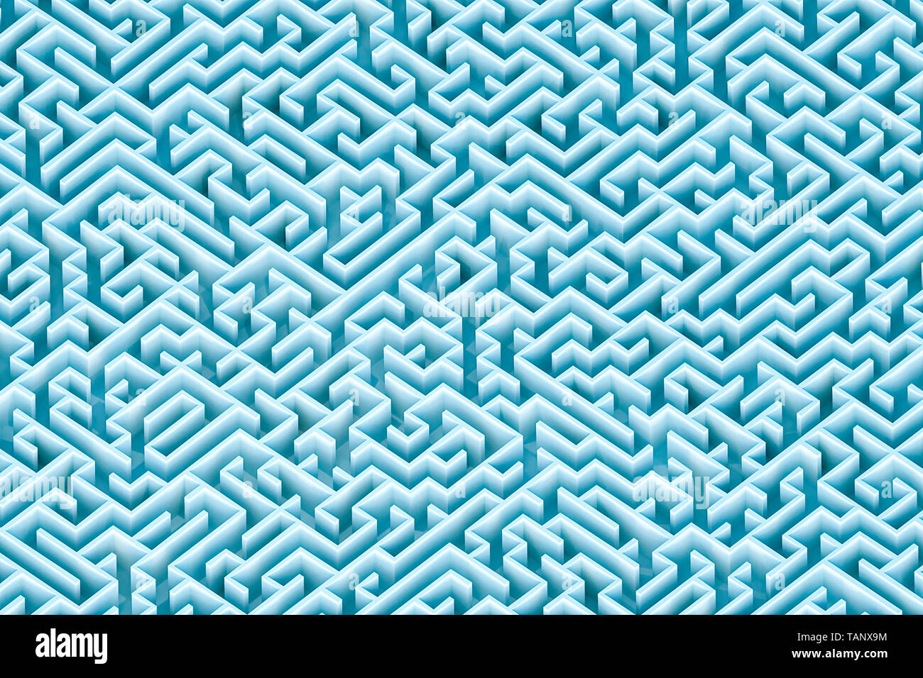 Endless blue green rectangular maze or labyrinth architecture wallpaper, background or backdrop. Aerial view. 3d render illustration. Stock Photo