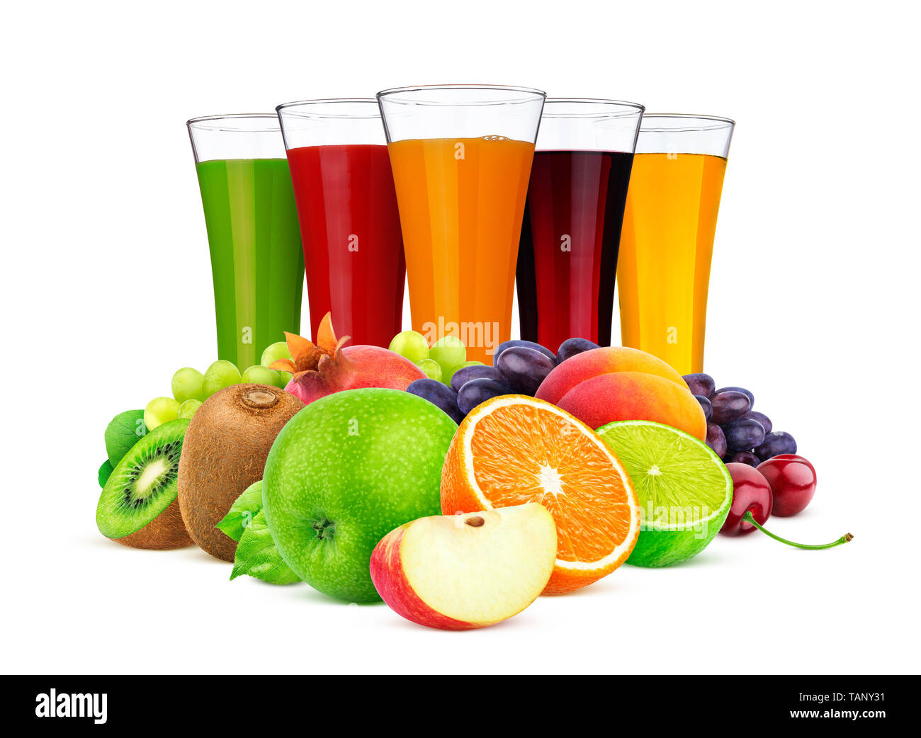 Glasses of different juice, fruits and berries isolated on white background Stock Photo