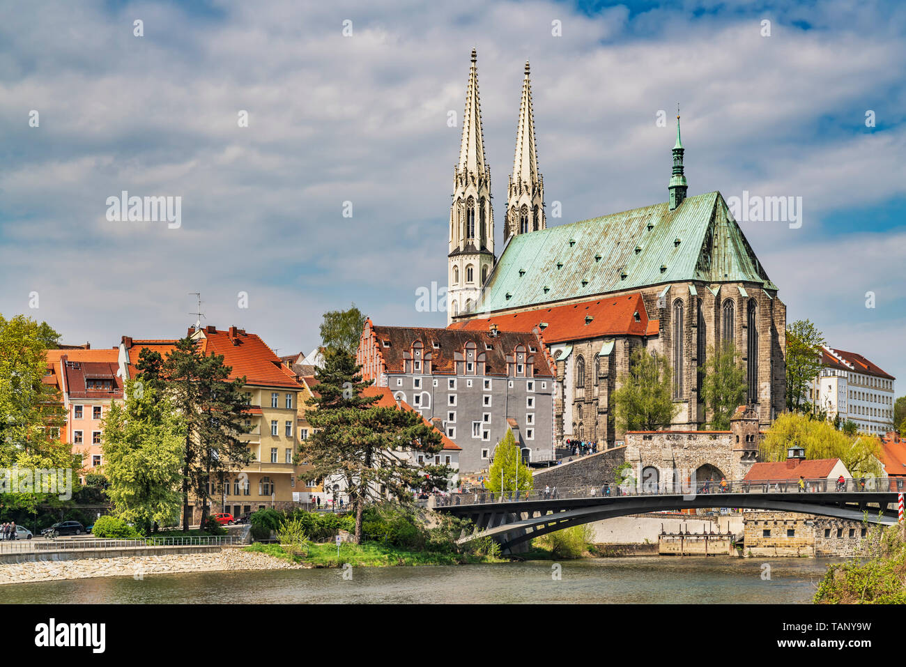 View over the river Neisse to the old town of Goerlitz and the Peterskirche (St. Peters Church), Goerlitz, Saxony, Germany, Europe Stock Photo