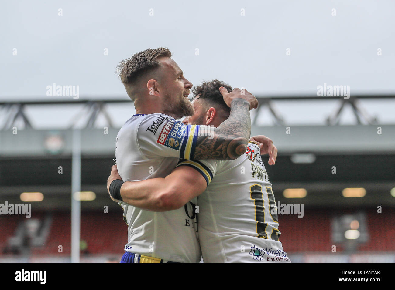 25th May 2019 , Anfield Stadium, Liverpool, England; Dacia Magic Weekend, Betfred Super League Round 16, Wigan Warriors vs Warrington Wolves ; Declan Patton (15) of Warrington Wolves celebrates his try   Credit: Mark Cosgrove/News Images Stock Photo