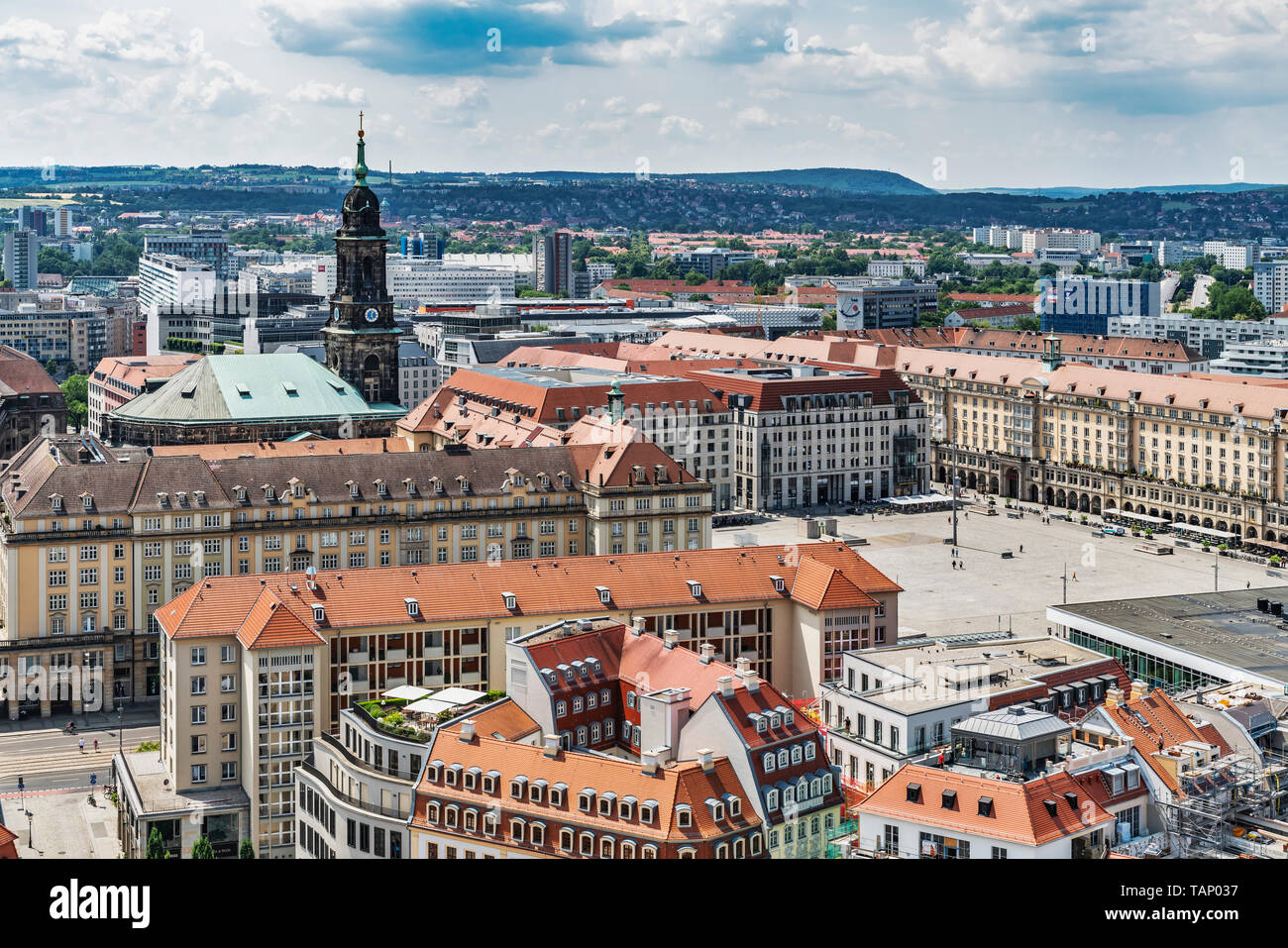 View over the Neumarkt to Altmarkt Dresden. There is the tower of the Kreuzkirche (Church of the Holy Cross), Dresden, Saxony, Germany, Europe Stock Photo