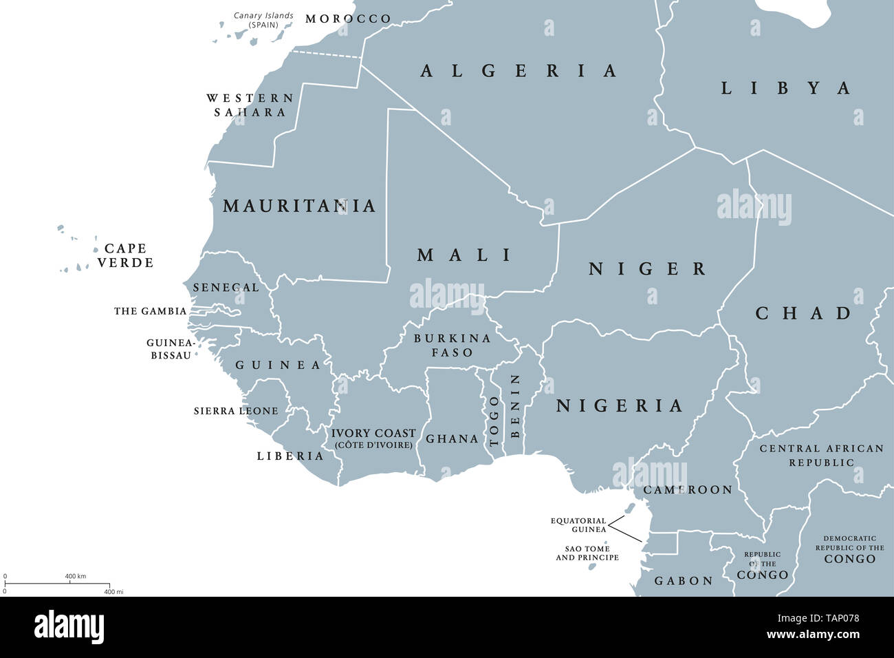 West Africa region, political map. Area with borders. The westernmost  countries on the African continent, also called Western Africa Stock Photo  - Alamy