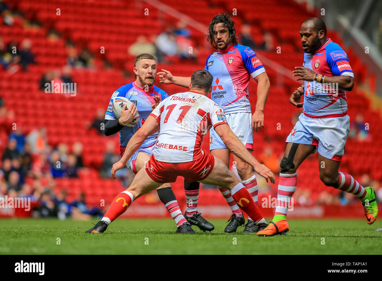 26th May 2019 , Anfield Stadium, Liverpool, England; Dacia Magic Weekend, Betfred Super League Round 16, Salford Red Devils vs Hull KR ;   ,Jackson Hastings of Salford Red Devils looks to get past Joel Tomkins (11) of Hull KR   Credit: Craig Milner/News Images Stock Photo