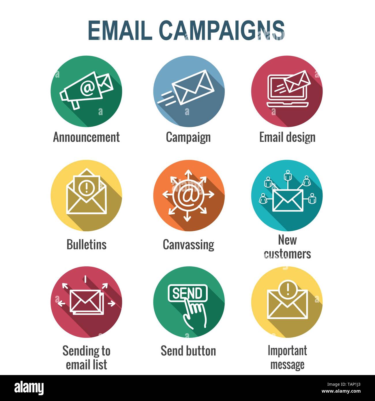Email marketing campaigns icon set with email list, announcement
