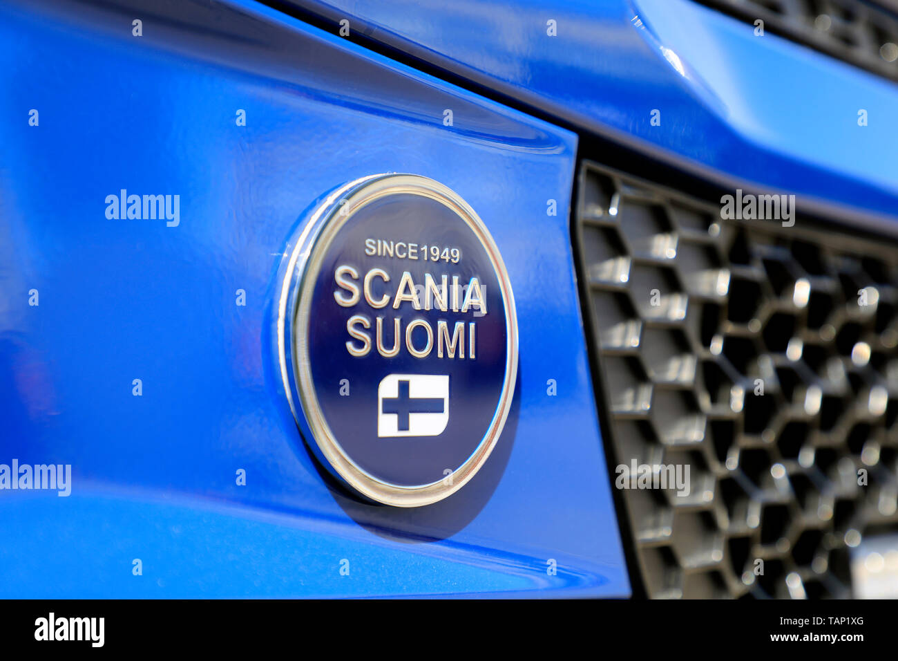 Helsinki, Finland. 09 May, 2019. Scania Suomi Since 1949 logo on a Scania truck as seen on Scania Suomi 70 Years Anniversary Event, held during Transport-Logistics 2019. Credit: Taina Sohlman/agefotostock Stock Photo