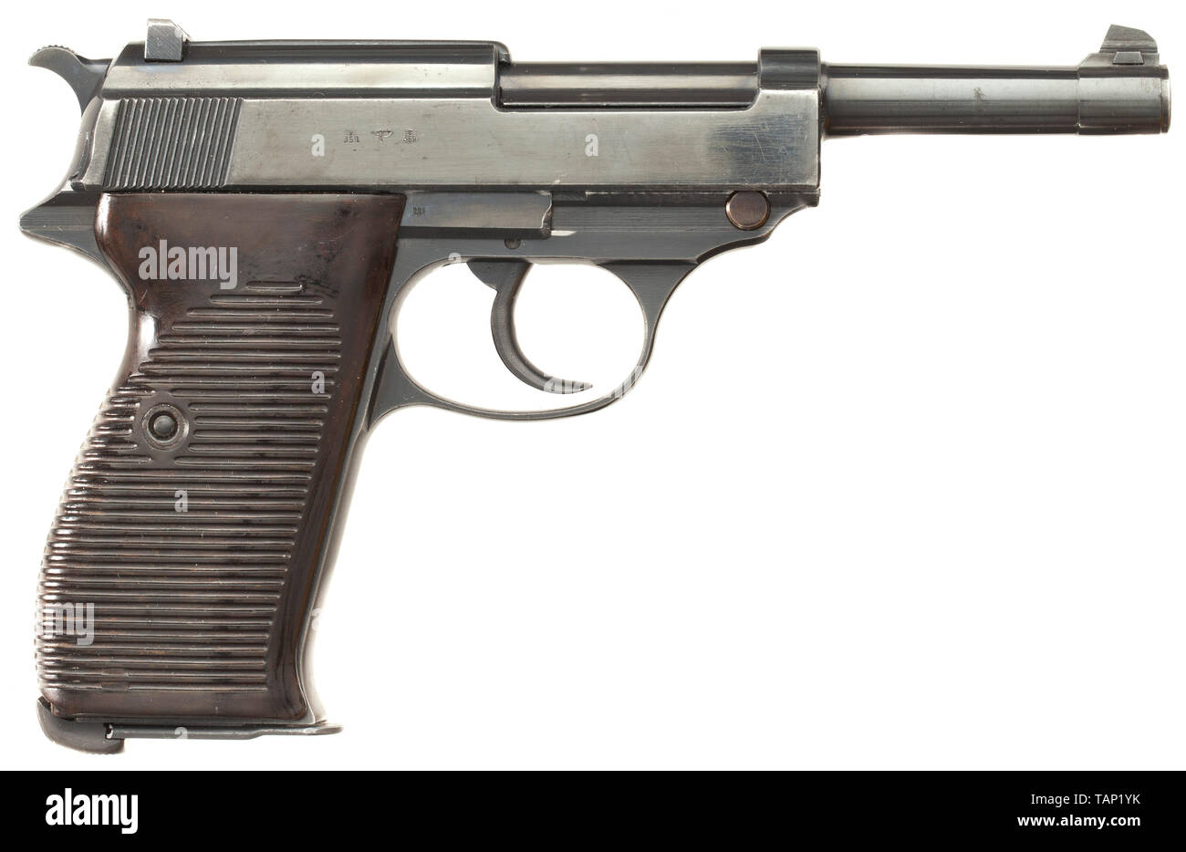 A Walther P 38, code 'ac 40' (40 added), Wehrmacht 9 mm calibre Parabellum, no. 4468a. Matching numbers. Mirror-like bore. Acceptance mark eagle/359 on all parts. Complete original highly polished bluing with weak usage marks. Dark brown Bakelite grip panels. Ulm magazine. A rare, early collector's item from November 1940 production comprising only circa 5.700 weapons with the year '40' engraved after the bluing. A collector's item in very good to mint condition. Erwerbsscheinpflichtig. historic, historical, 20th century, Editorial-Use-Only Stock Photo