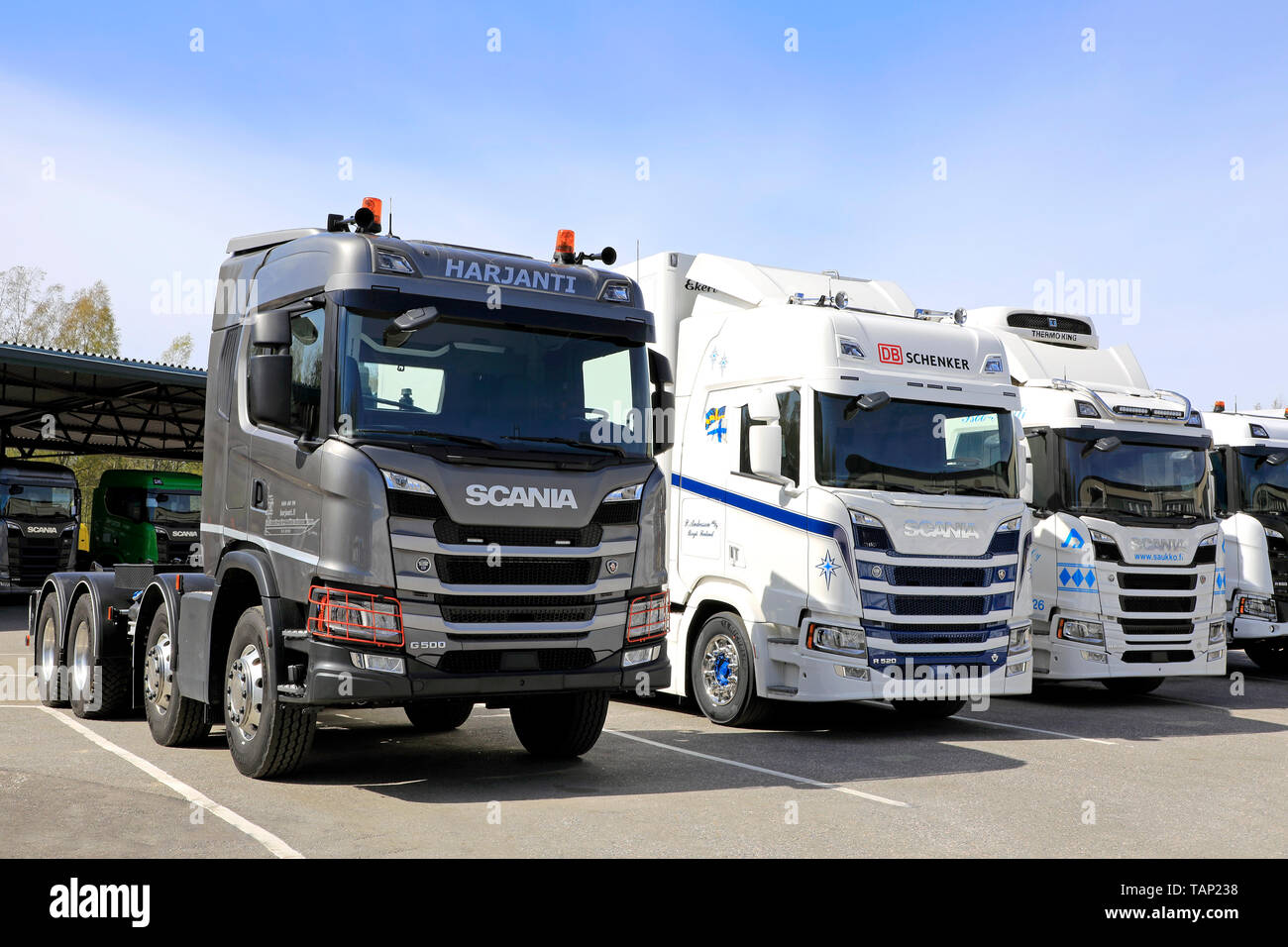 Helsinki, Finland. 09 May, 2019. Next Generation Scania trucks, from left G500 and two R520 long haulage trucks on Scania Suomi 70 Years Anniversary Event, held during Transport-Logistics 2019. Credit: Taina Sohlman/agefotostock Stock Photo