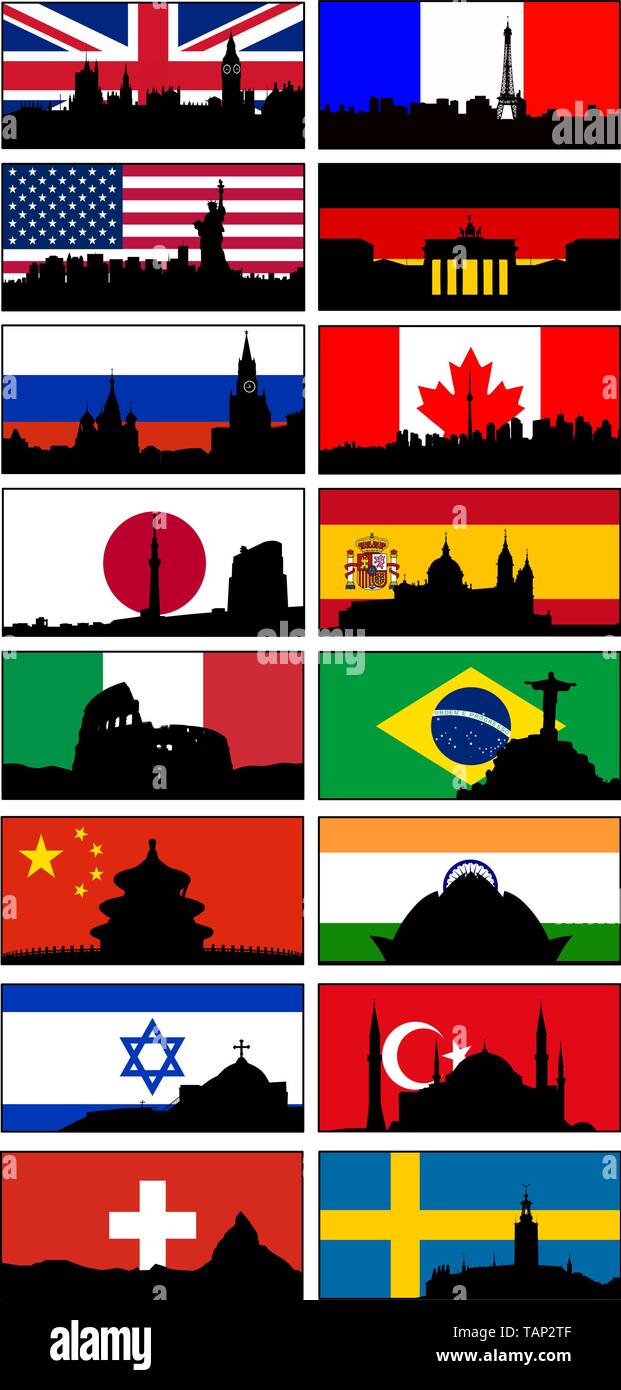 Country Flags and City Silhouettes. 16 pc vector icons x 3 option (flag, flag & silhouette, silhouette). Frame can be removed. Eazy to modify. EPS10 Stock Vector