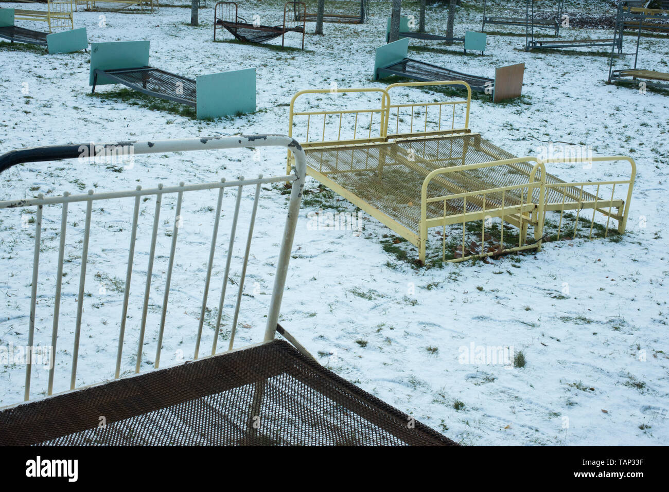 Jaan Toomik - Bed 100, Kadriorg Park. Originally set up in Freedom Square in 1993 as a protest installation, this has now been re-assembled in Kadrior Stock Photo