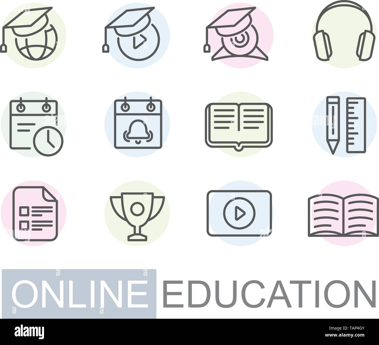 Distance learning and online education icon set - video tutorials Stock ...