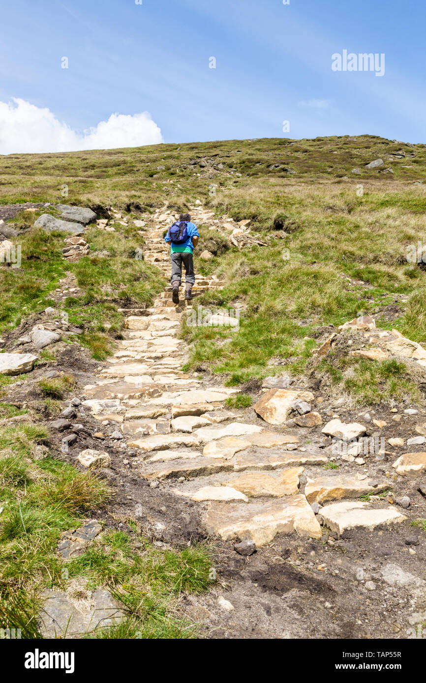 Hiker on a new stone path and steps on Grindslow Knoll, Kinder Scout, part of a moorland restoration project. Derbyshire, Peak District, England, UK Stock Photo