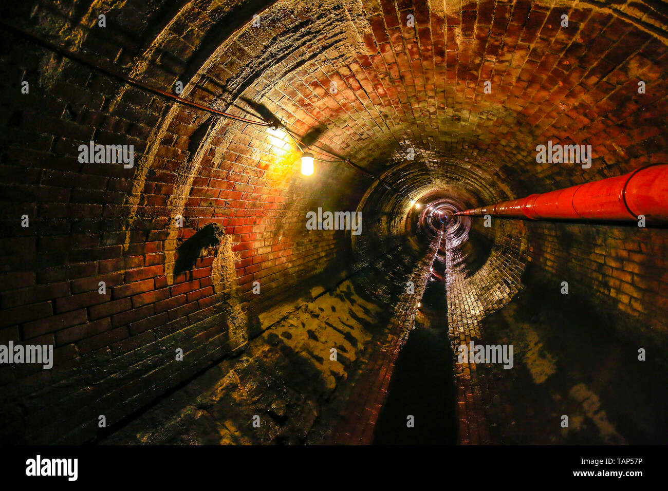 29.04.2019, , North Rhine-Westphalia, Germany - Theme picture sewer network transmission, old, brick sewer in need of renovation. Canal transmission m Stock Photo