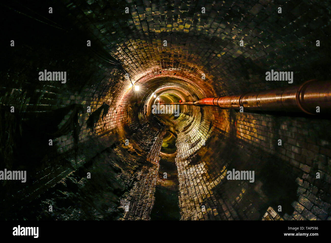 29.04.2019, , North Rhine-Westphalia, Germany - Theme picture sewer network transmission, old, brick sewer in need of renovation. Canal transmission m Stock Photo