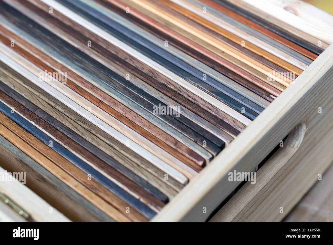 Samples of different kinds of wood in a box Stock Photo