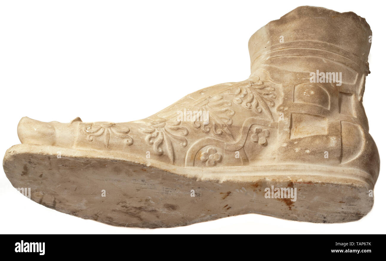A monumental sandal-clad foot - a fine copy from the 19th century patterned  after Roman models Double life-size foot, designed as a fragment of a  gigantic emperor's or general's statue. Impressively formed