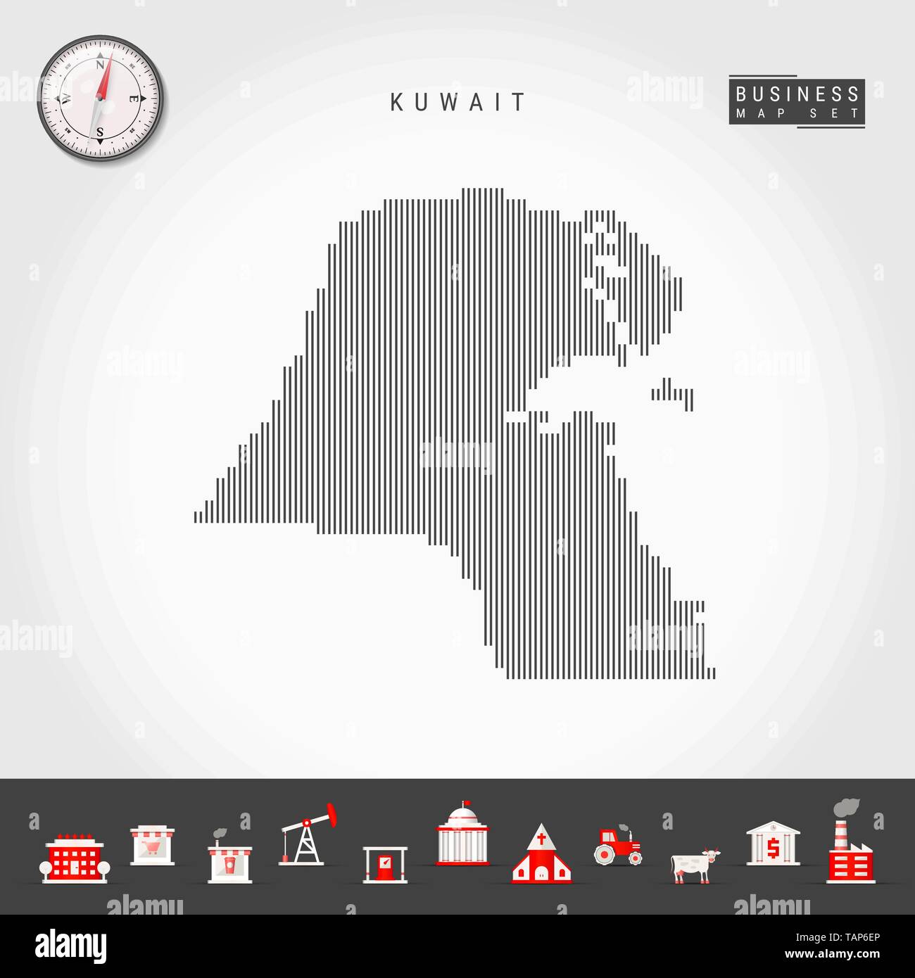 Vector Vertical Lines Pattern Map of Kuwait. Striped Simple Silhouette of Kuwait. Realistic Vector Compass. Business Infographic Icons. Stock Vector