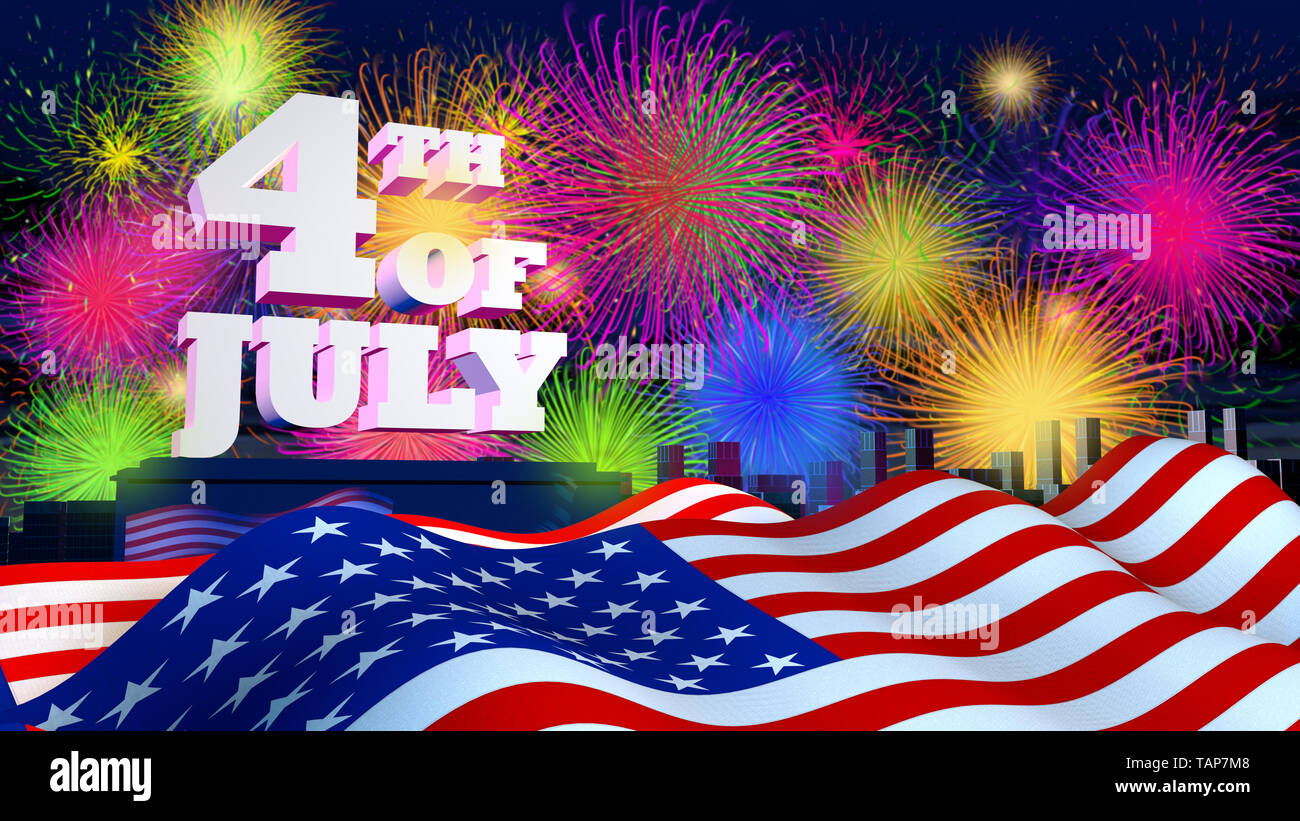 4th of July in white and thick letters on a city background with the night sky full of fireworks and the USA flag in the foreground. 3D illustration Stock Photo