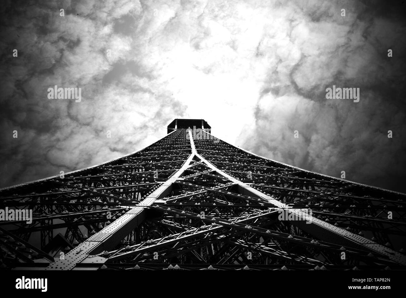 Eiffel Tower, black and white, B&W, view up Eiffel tower, looking up the Eiffel tower, Stock Photo