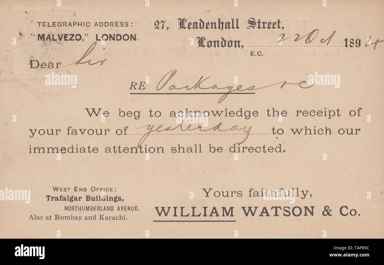 Vintage Victorian 1894 Business Postcard Posted From William Watson & Co, 27 Leadenhall Street, London. Stock Photo
