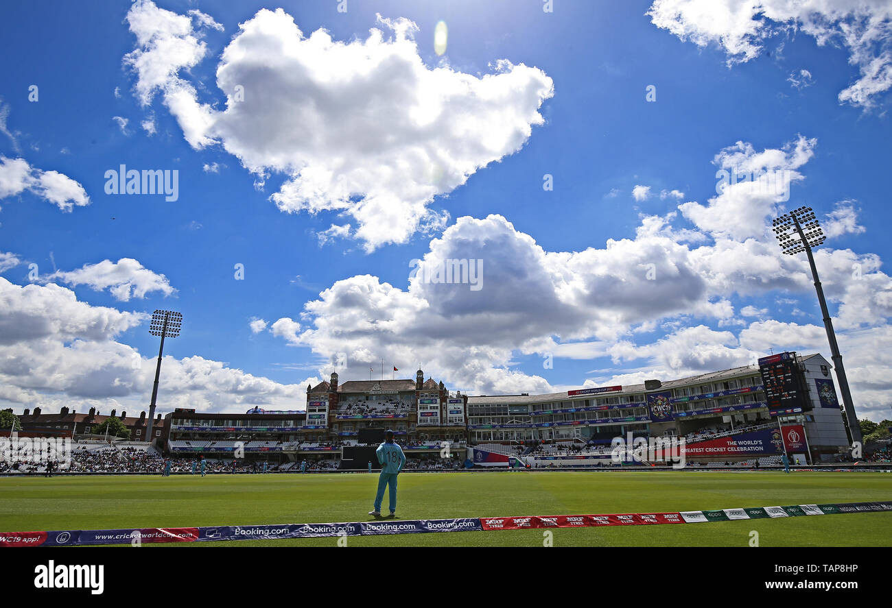 England's Moeen Ali fields on the boundary against Afghanistan during the ICC Cricket World Cup Warm up match at The Oval, London. Stock Photo