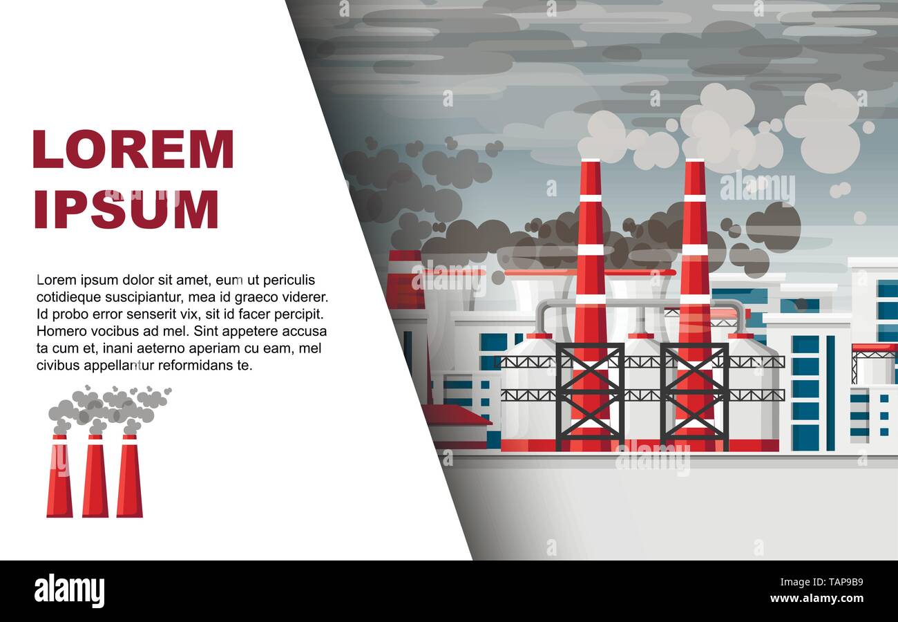 Air pollution problem industrial cityscape with big tubes energy plant or factory with toxic smoke flat vector illustration horizontal banner. Stock Vector