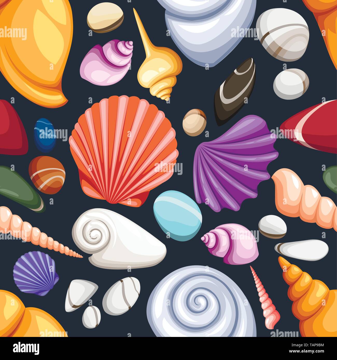 Seamless vector nautical pattern with seashells flat vector illustration on dark blue background. Stock Vector