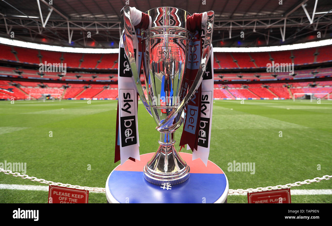 Close up of the Sky Bet Championship Play-off Trophy ahead of the Sky Bet Championship Play-off final at Wembley Stadium, London. Stock Photo